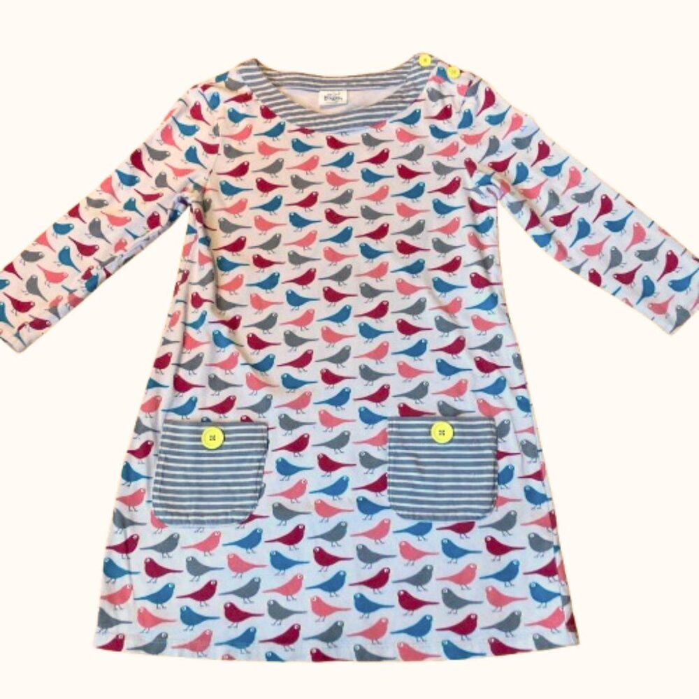Boden mini Girl's Dress, 3/4" Sleeve, Pull-over, Birds, Soft Cotton Knit, 13-14Y